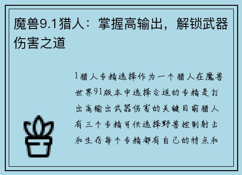 魔兽9.1猎人:掌握高输出,解锁武器伤害之道